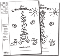 Abbildungen der zwei Mal- und Arbeitsblöcke Mein Zahlenlandbuch 1 und Mein Zahlenlandbuch 2 zu den Entdeckungen im Zahlenland von Prof. Gerhard Preiß